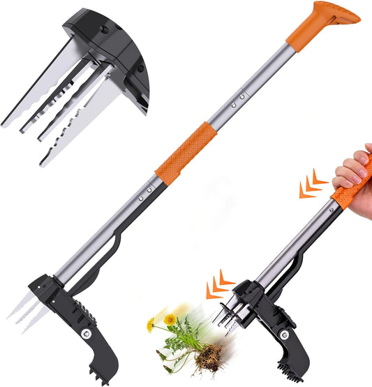 Stand Up Weed Puller Tool - 4-Claw Steel Head Hand Weeding Tool - 40" Retractable Handle with Easy-Eject Mechanism for Dandelions, Clover, No Bending or Kneeling