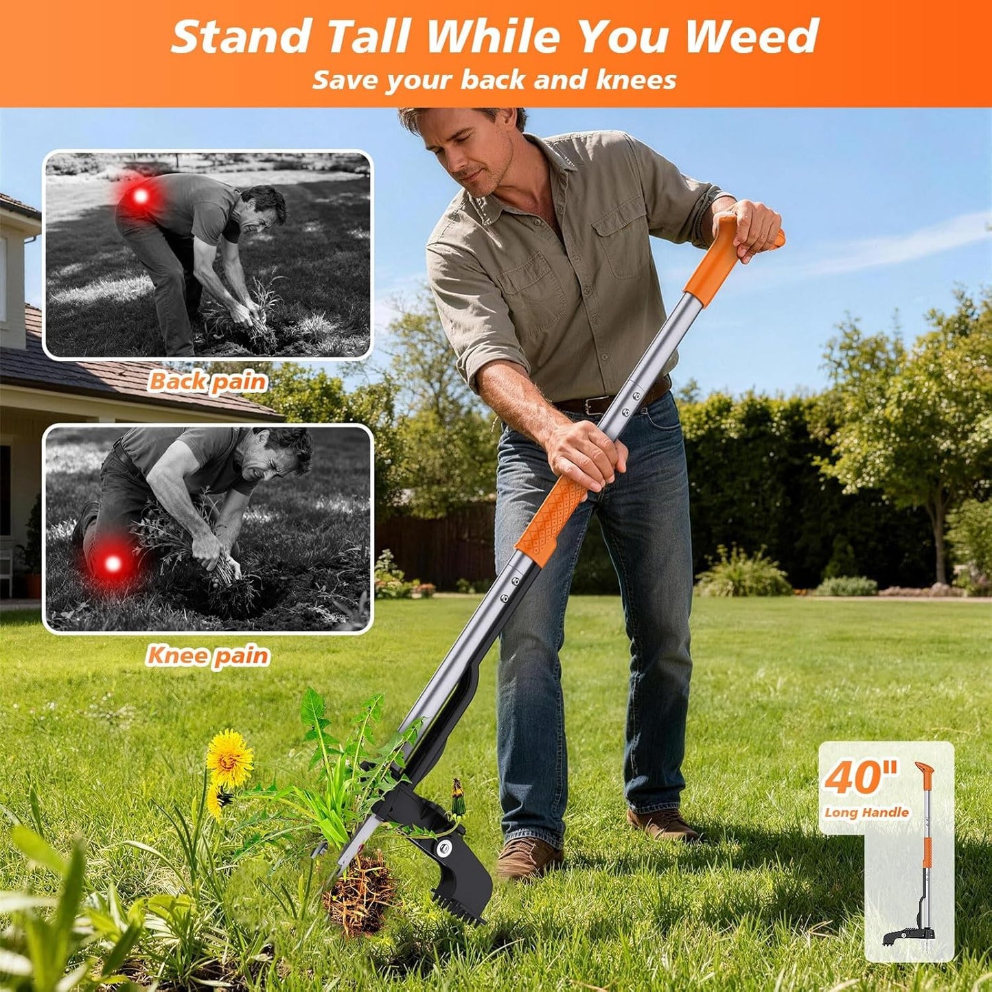 Stand Up Weed Puller Tool - 4-Claw Steel Head Hand Weeding Tool - 40" Retractable Handle with Easy-Eject Mechanism for Dandelions, Clover, No Bending or Kneeling