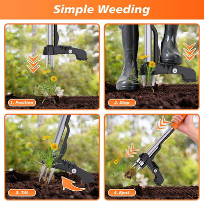 Stand Up Weed Puller Tool - 4-Claw Steel Head Hand Weeding Tool - 40" Retractable Handle with Easy-Eject Mechanism for Dandelions, Clover, No Bending or Kneeling