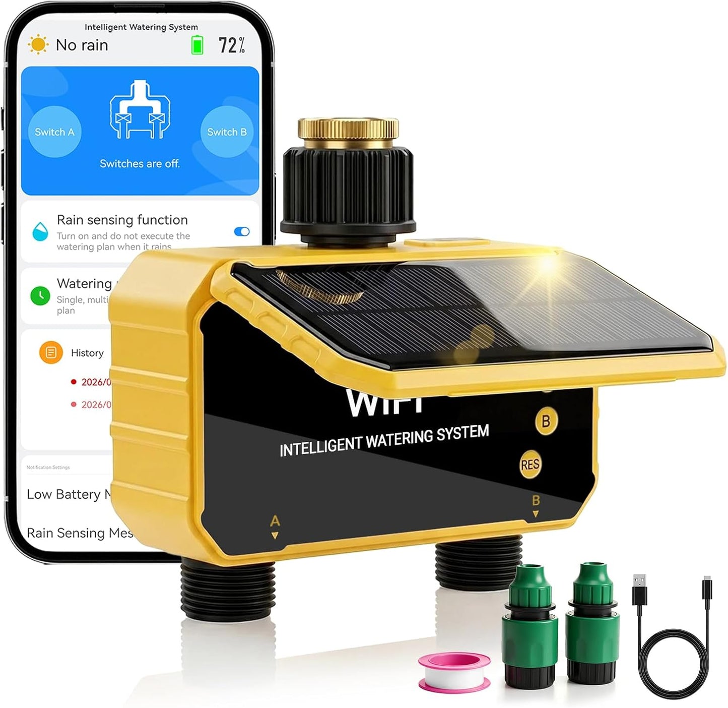 Sprinkler Timer, Solar WiFi Water Timer for Garden Hose, 2 Zone Water Sprinkler with Rain Sensor and Manual Mode via APP/Voice Control, Automatic Irrigation Control System for Lawns, Yard and Pool