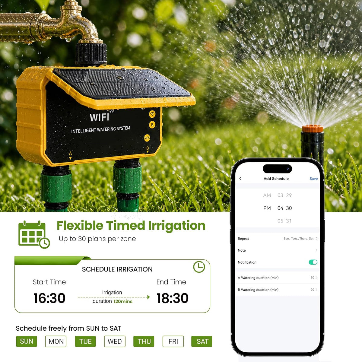 Sprinkler Timer, Solar WiFi Water Timer for Garden Hose, 2 Zone Water Sprinkler with Rain Sensor and Manual Mode via APP/Voice Control, Automatic Irrigation Control System for Lawns, Yard and Pool