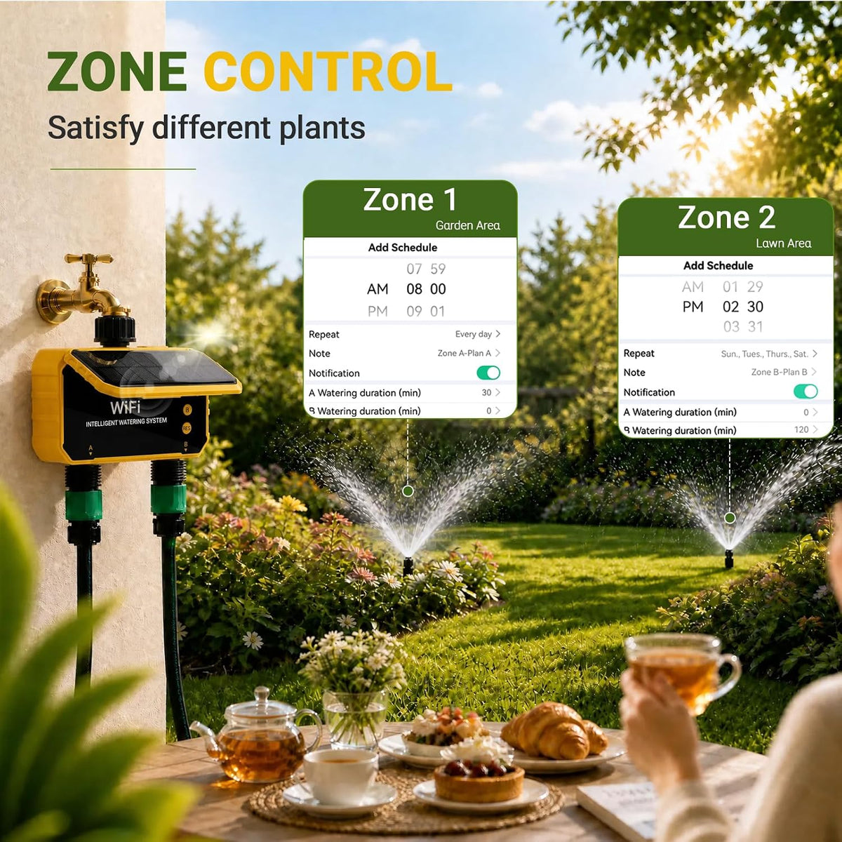 Sprinkler Timer, Solar WiFi Water Timer for Garden Hose, 2 Zone Water Sprinkler with Rain Sensor and Manual Mode via APP/Voice Control, Automatic Irrigation Control System for Lawns, Yard and Pool
