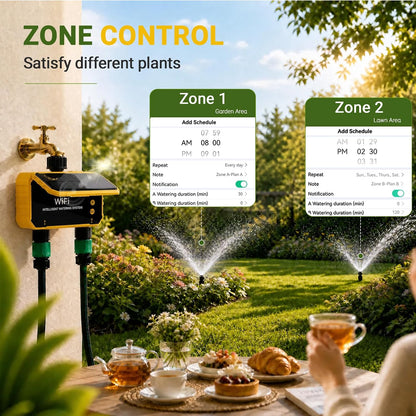 Sprinkler Timer, Solar WiFi Water Timer for Garden Hose, 2 Zone Water Sprinkler with Rain Sensor and Manual Mode via APP/Voice Control, Automatic Irrigation Control System for Lawns, Yard and Pool
