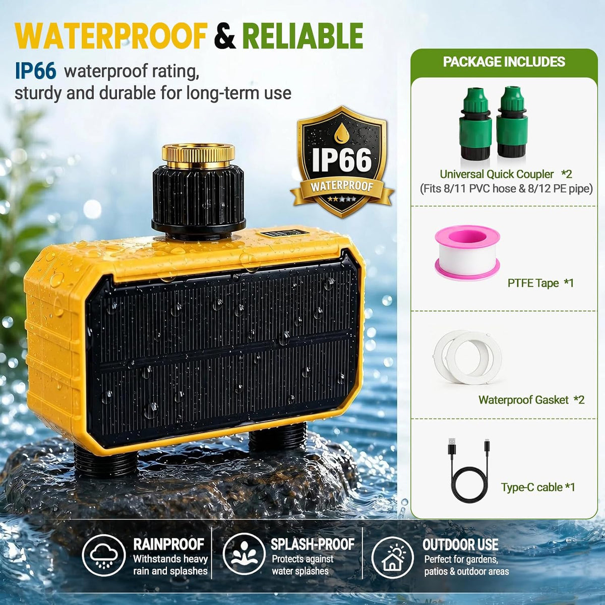 Sprinkler Timer, Solar WiFi Water Timer for Garden Hose, 2 Zone Water Sprinkler with Rain Sensor and Manual Mode via APP/Voice Control, Automatic Irrigation Control System for Lawns, Yard and Pool