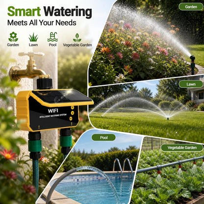 Sprinkler Timer, Solar WiFi Water Timer for Garden Hose, 2 Zone Water Sprinkler with Rain Sensor and Manual Mode via APP/Voice Control, Automatic Irrigation Control System for Lawns, Yard and Pool