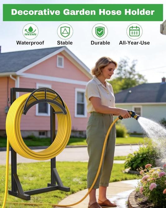 Garden Hose Holder and Hanger, Metal Water Hose Storage Stand, Upgraded Freestanding Water Hose Organizer Rack with 2 Tool Hooks for Outdoor Yards, Farms and Lawns, Black