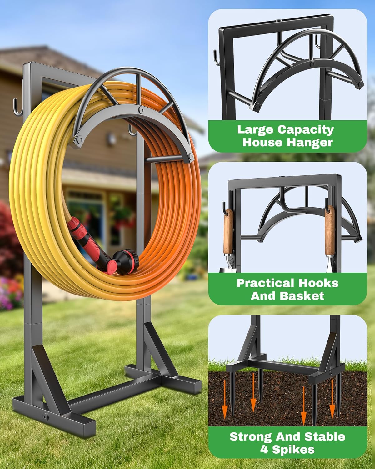Garden Hose Holder and Hanger, Metal Water Hose Storage Stand, Upgraded Freestanding Water Hose Organizer Rack with 2 Tool Hooks for Outdoor Yards, Farms and Lawns, Black