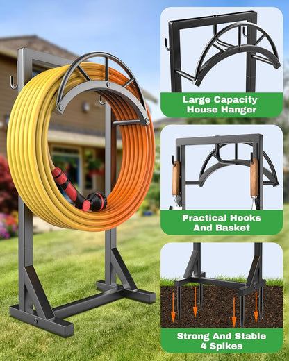 Garden Hose Holder and Hanger, Metal Water Hose Storage Stand, Upgraded Freestanding Water Hose Organizer Rack with 2 Tool Hooks for Outdoor Yards, Farms and Lawns, Black