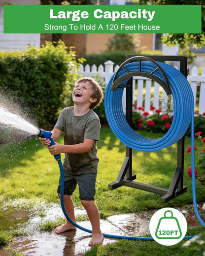 Garden Hose Holder and Hanger, Metal Water Hose Storage Stand, Upgraded Freestanding Water Hose Organizer Rack with 2 Tool Hooks for Outdoor Yards, Farms and Lawns, Black