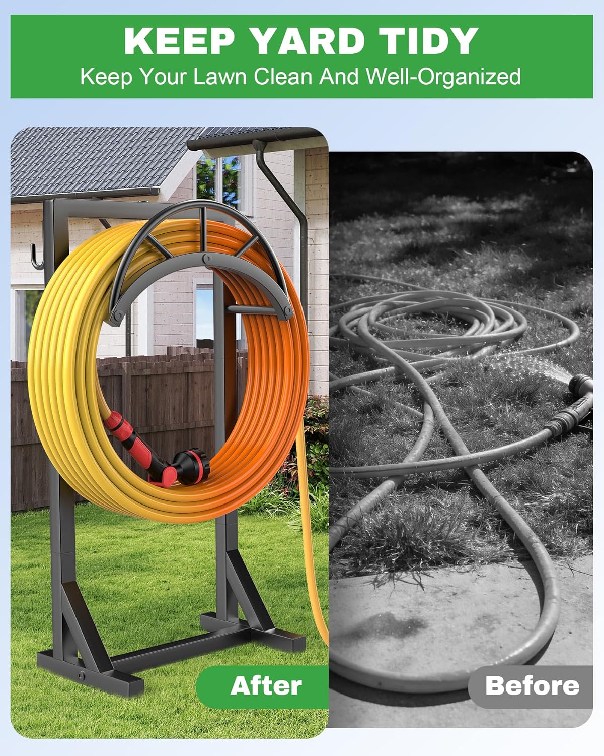 Garden Hose Holder and Hanger, Metal Water Hose Storage Stand, Upgraded Freestanding Water Hose Organizer Rack with 2 Tool Hooks for Outdoor Yards, Farms and Lawns, Black