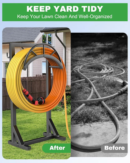 Garden Hose Holder and Hanger, Metal Water Hose Storage Stand, Upgraded Freestanding Water Hose Organizer Rack with 2 Tool Hooks for Outdoor Yards, Farms and Lawns, Black