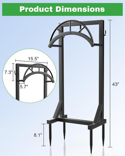Garden Hose Holder and Hanger, Metal Water Hose Storage Stand, Upgraded Freestanding Water Hose Organizer Rack with 2 Tool Hooks for Outdoor Yards, Farms and Lawns, Black
