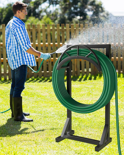 Garden Hose Holder and Hanger, Metal Water Hose Storage Stand, Upgraded Freestanding Water Hose Organizer Rack with 2 Tool Hooks for Outdoor Yards, Farms and Lawns, Black