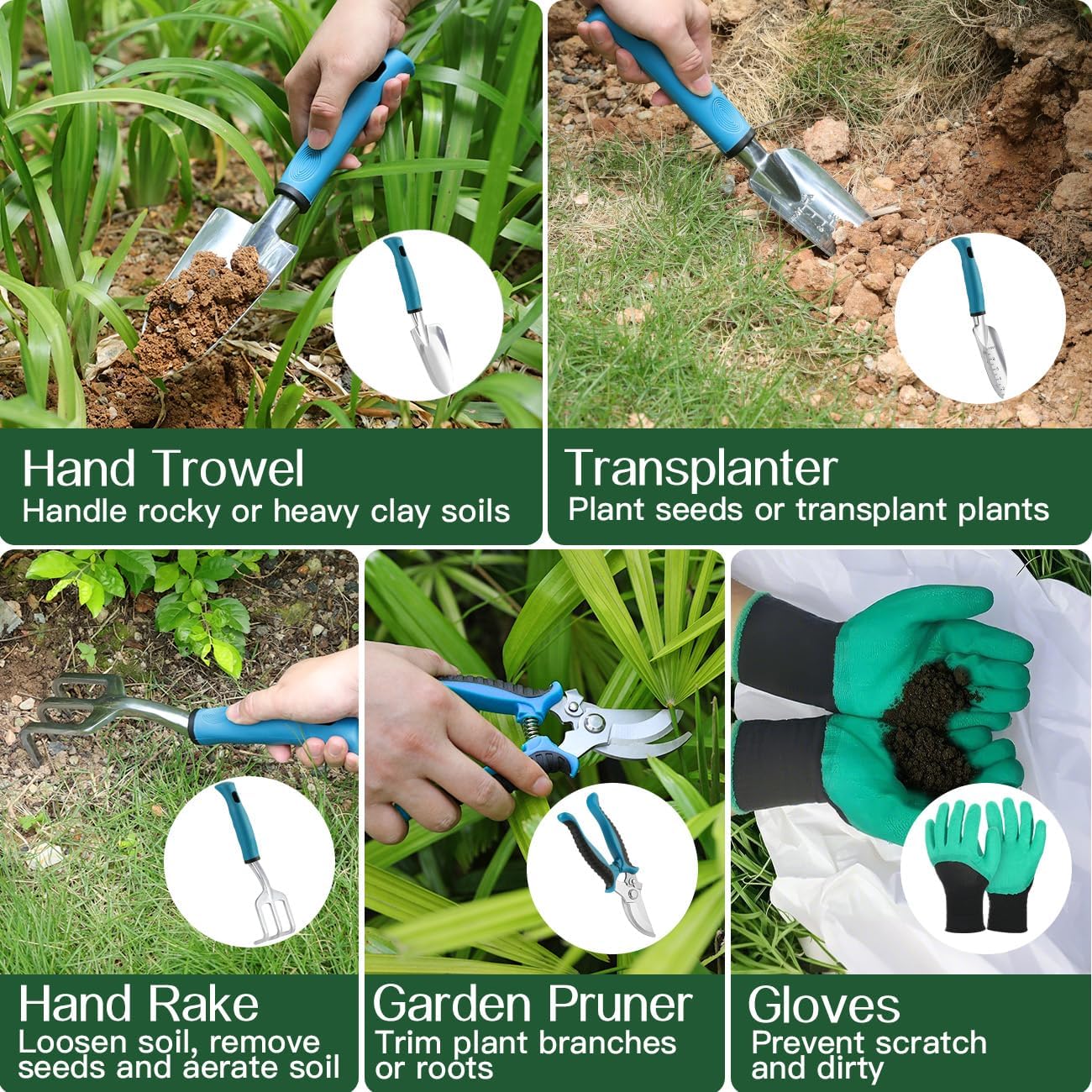 Gardening Tools Set, 8PCS Gardening Gifts for Women, Blue+Black