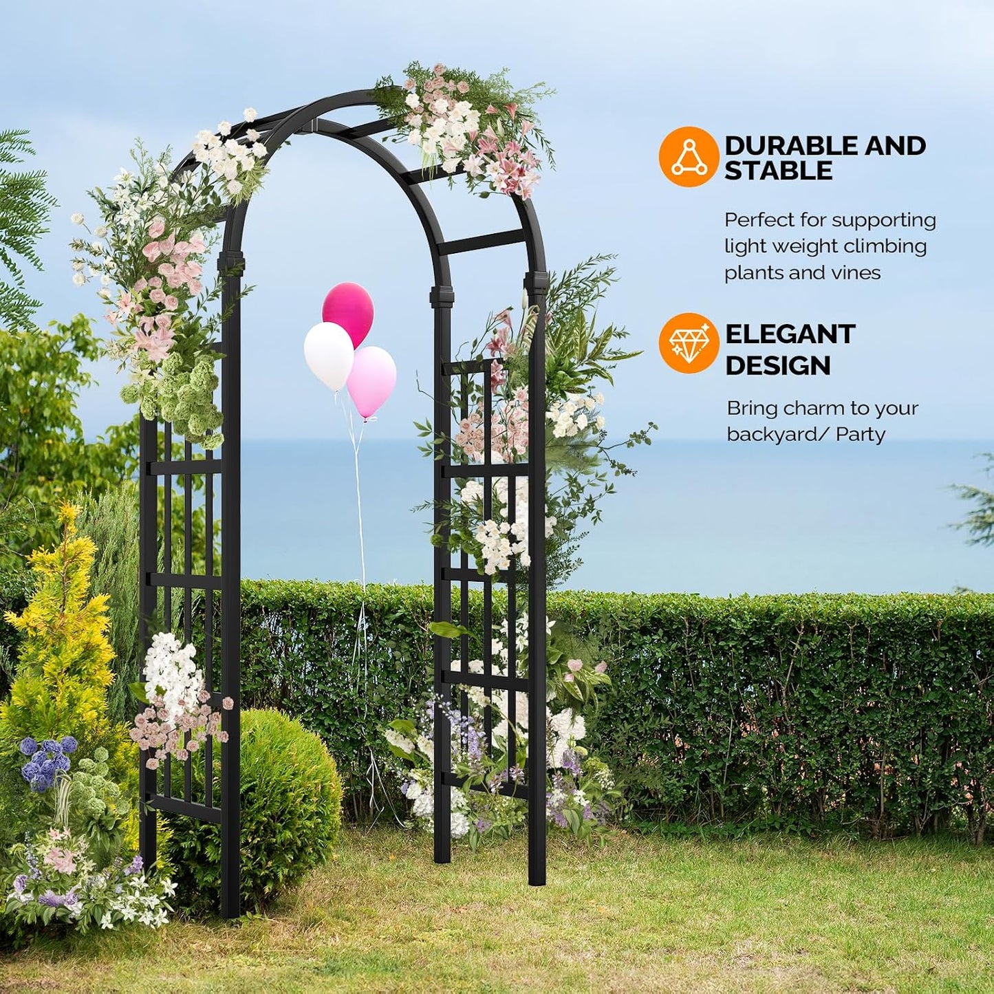 Vinyl Garden Arbor, PVC Wedding Arch for Ceremony Party, Garden Trellis for Climbing Plants Outdoor, Arch Backdrop Stand for Garden, Backyard, Lawn (Black, 39.5in)