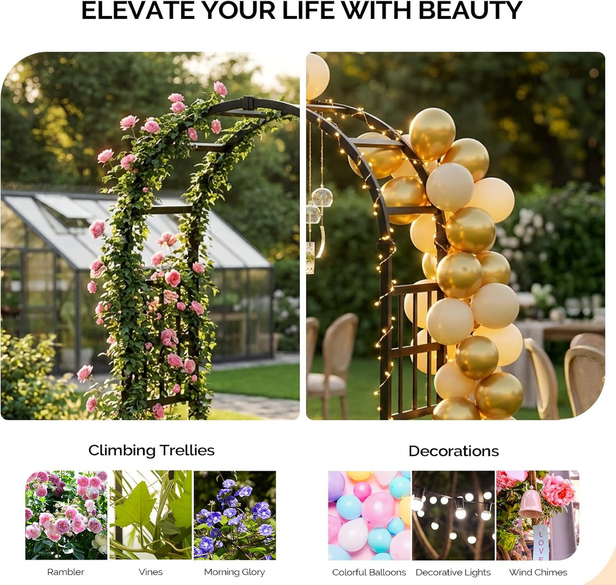 Vinyl Garden Arbor, PVC Wedding Arch for Ceremony Party, Garden Trellis for Climbing Plants Outdoor, Arch Backdrop Stand for Garden, Backyard, Lawn (Black, 39.5in)