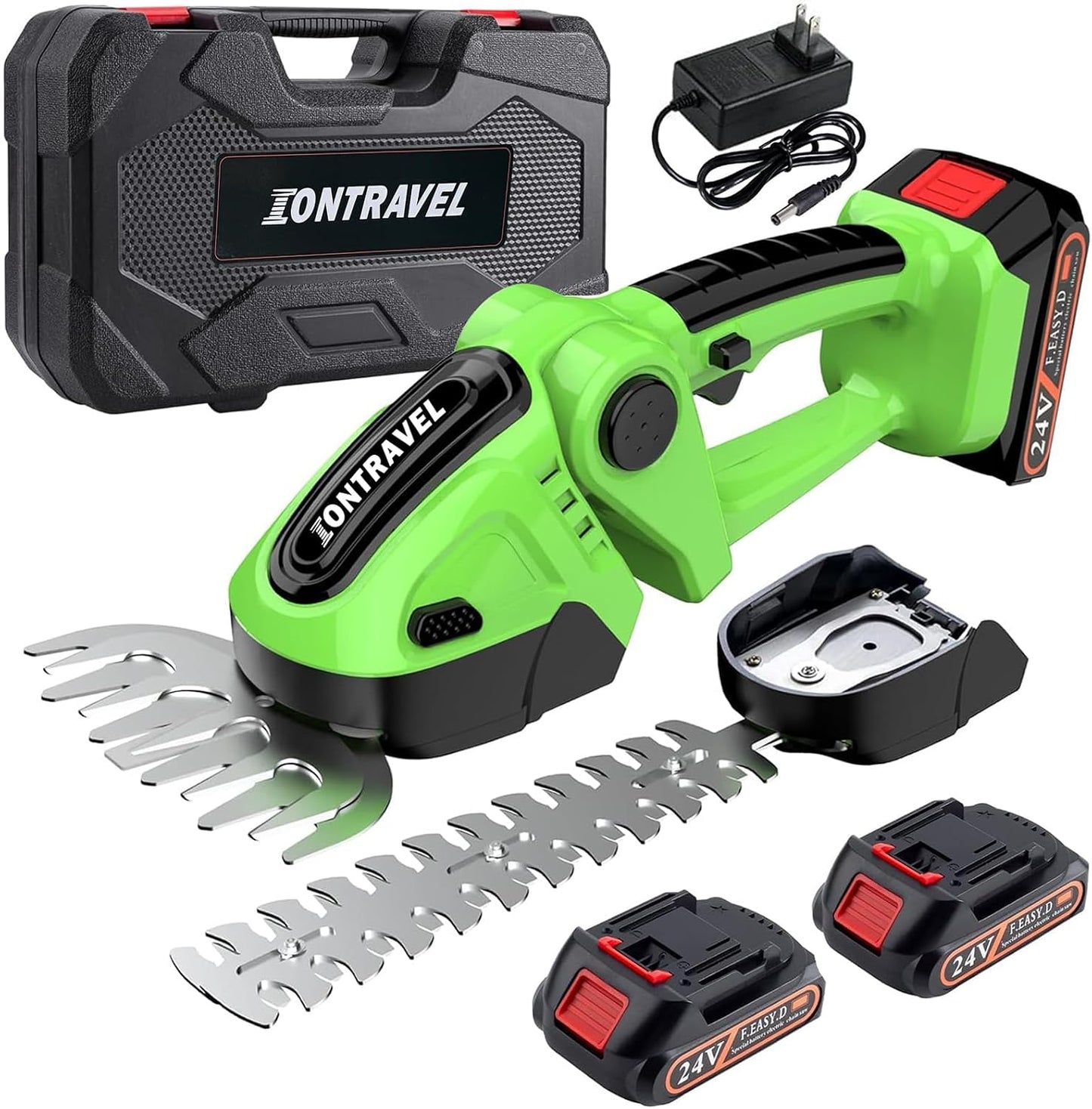 Cordless Hedge Trimmer & Grass Shears -24V Electric Shrub Trimmer Grass Shears Handheld Grass Cutter, Hedge Shear with 2 PCS Rechargeable Battery, Charger and Toolbox to for Garden, Lawn,Green