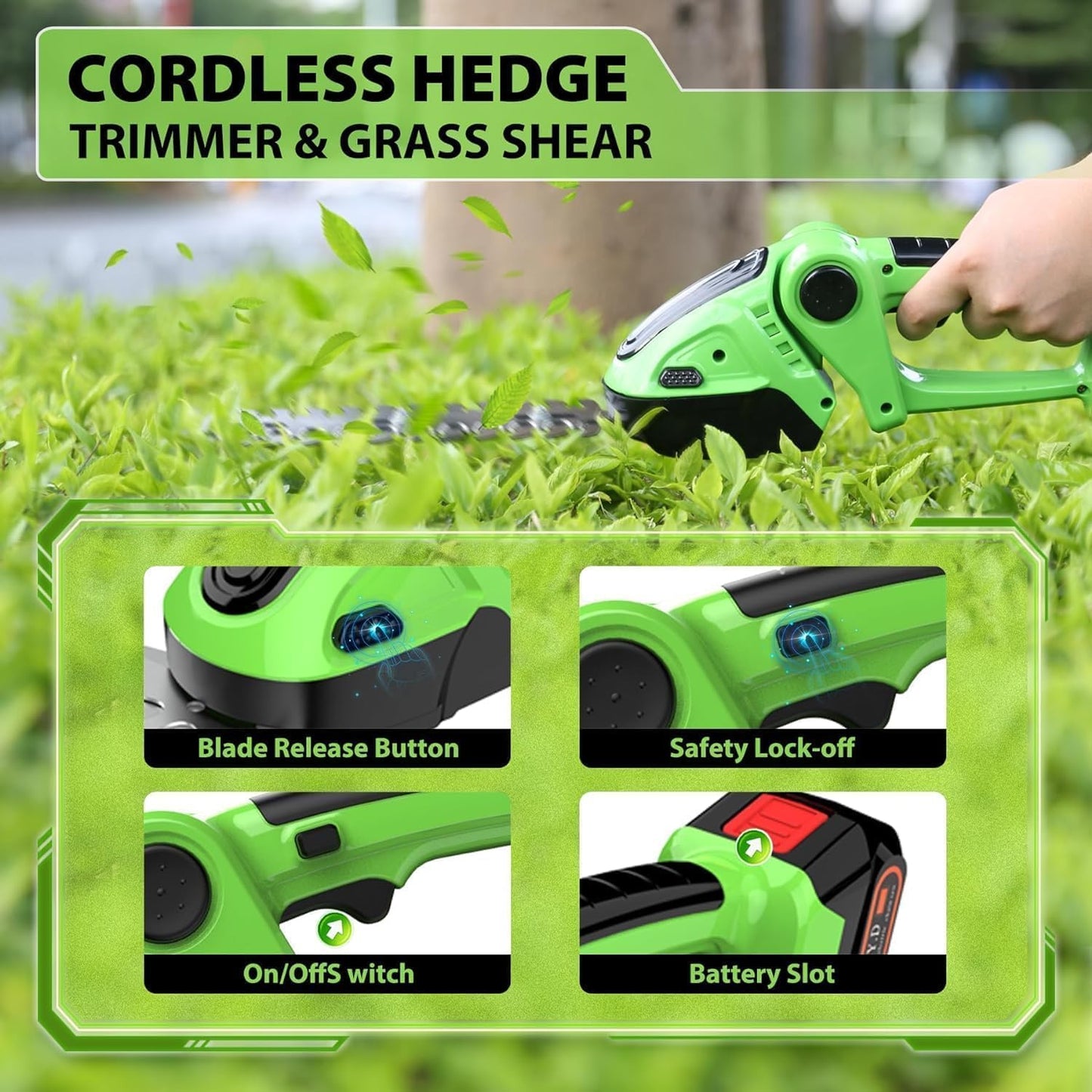 Cordless Hedge Trimmer & Grass Shears -24V Electric Shrub Trimmer Grass Shears Handheld Grass Cutter, Hedge Shear with 2 PCS Rechargeable Battery, Charger and Toolbox to for Garden, Lawn,Green