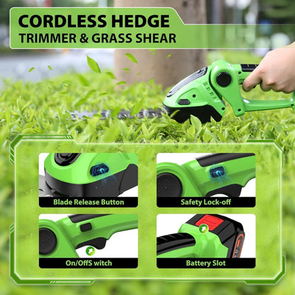 Cordless Hedge Trimmer & Grass Shears -24V Electric Shrub Trimmer Grass Shears Handheld Grass Cutter, Hedge Shear with 2 PCS Rechargeable Battery, Charger and Toolbox to for Garden, Lawn,Green