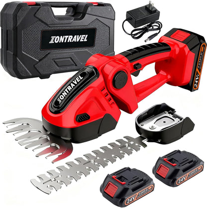 Cordless Hedge Trimmer & Grass Shears -24V Electric Shrub Trimmer Grass Shears Handheld Grass Cutter, Hedge Shear with 2 PCS Rechargeable Battery, Charger and Toolbox to for Garden, Lawn,Green