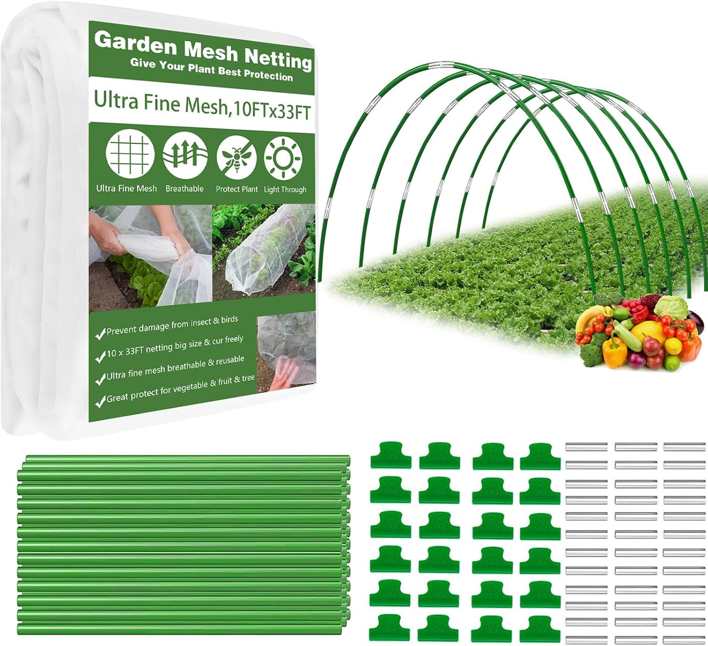 Garden Mesh Netting Kit, 10x33FT Ultra Fine Mesh Netting with 6 Sets Fiberglass Garden Hoops & 24 Clips for Raised Beds Vegetable Flowers Protection Barrier Plant Covers Net