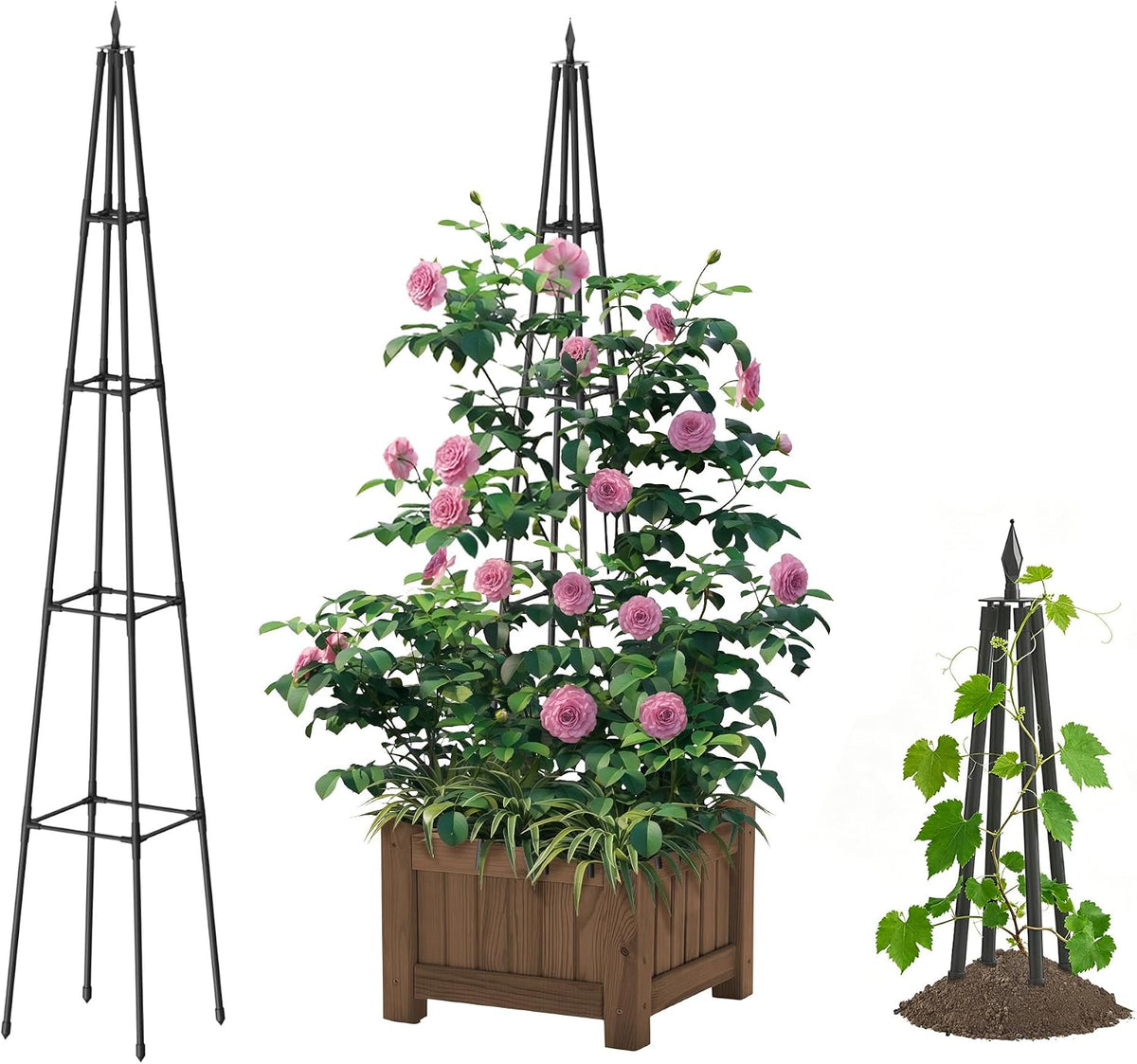 6FT Obelisk Trellis for Climbing Plants Outdoor, 16mm Rust-Proof Extra Thickened Plastic-Coated Metal Pipes, Indoor Climbing Support for Potted Plants, Vines, Flowers Stands,Black