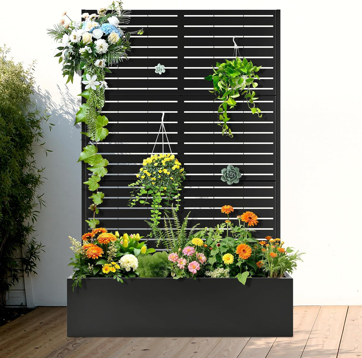 71" H Metal Planter Box with Trellis, Black Louvered