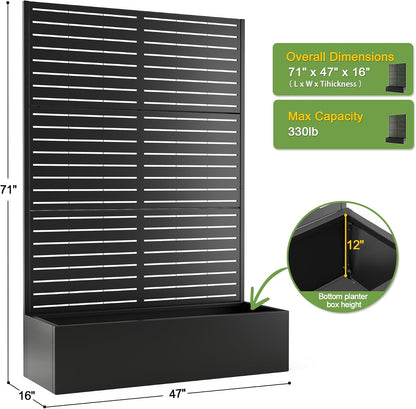 71" H Metal Planter Box with Trellis, Black Louvered