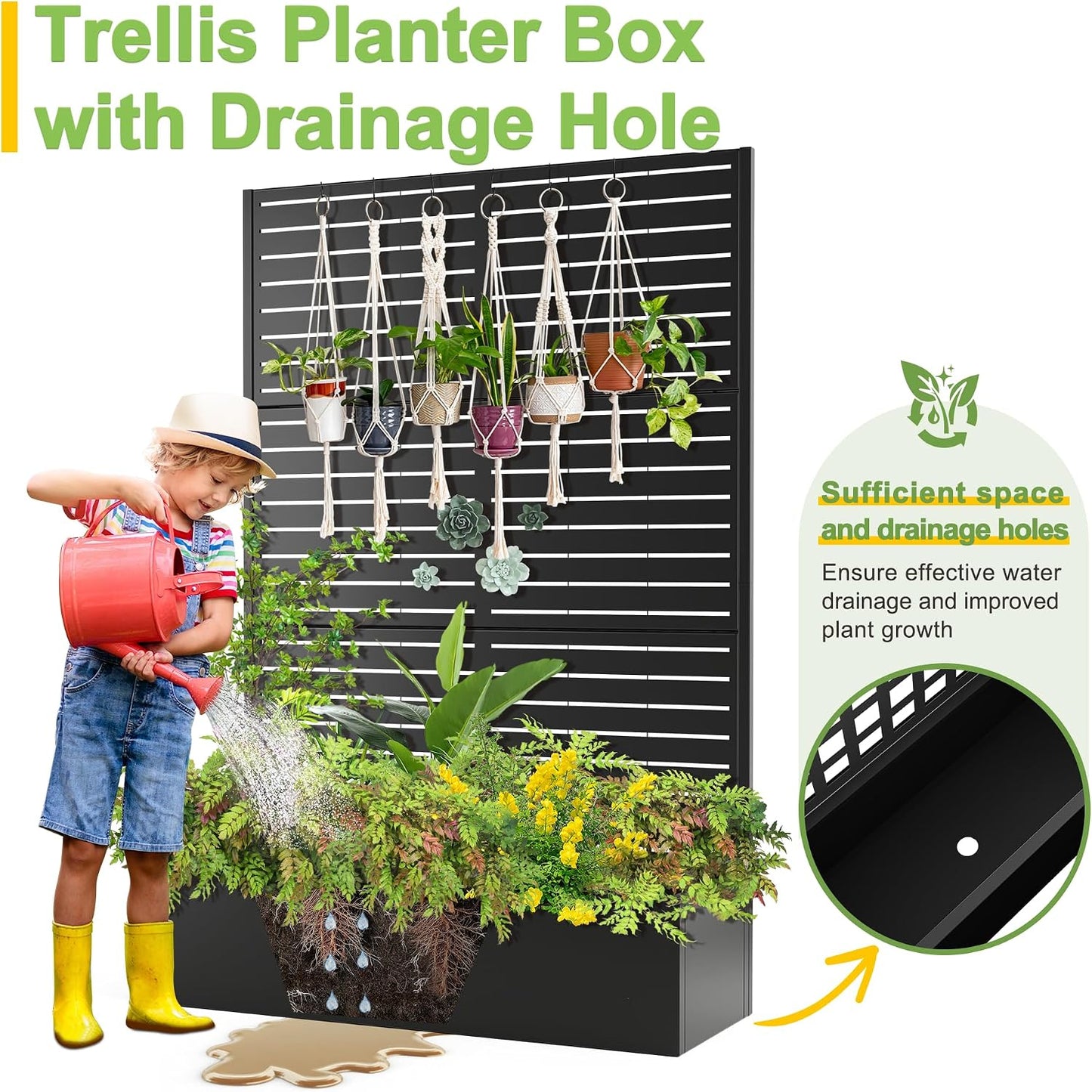 71" H Metal Planter Box with Trellis, Black Louvered