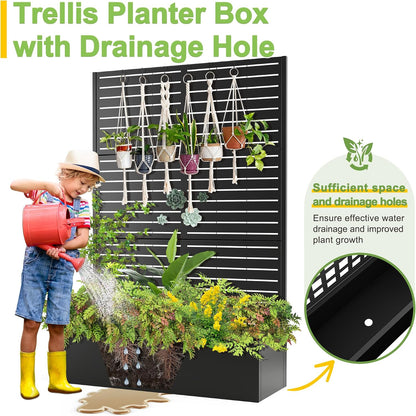 71" H Metal Planter Box with Trellis, Black Louvered