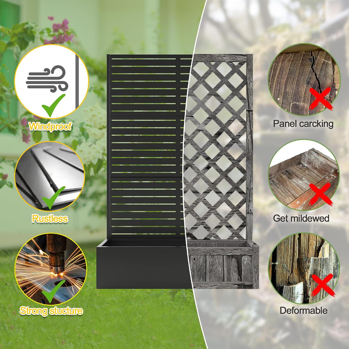 71" H Metal Planter Box with Trellis, Black Louvered