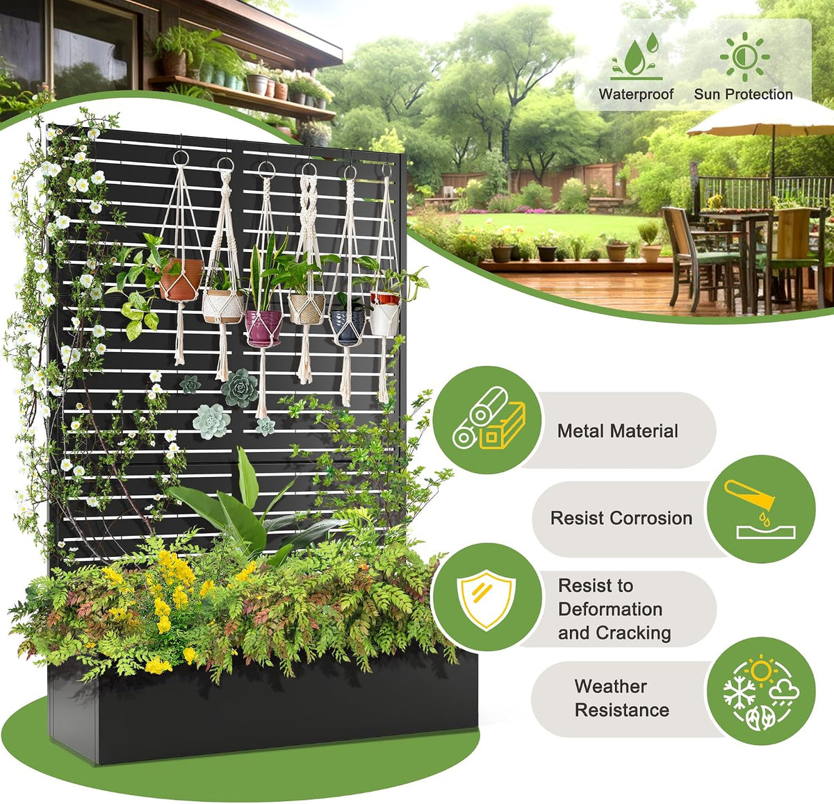 71" H Metal Planter Box with Trellis, Black Louvered