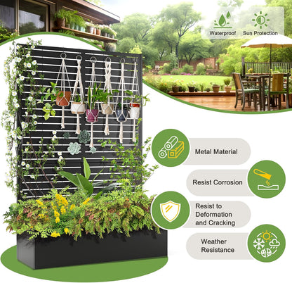 71" H Metal Planter Box with Trellis, Black Louvered