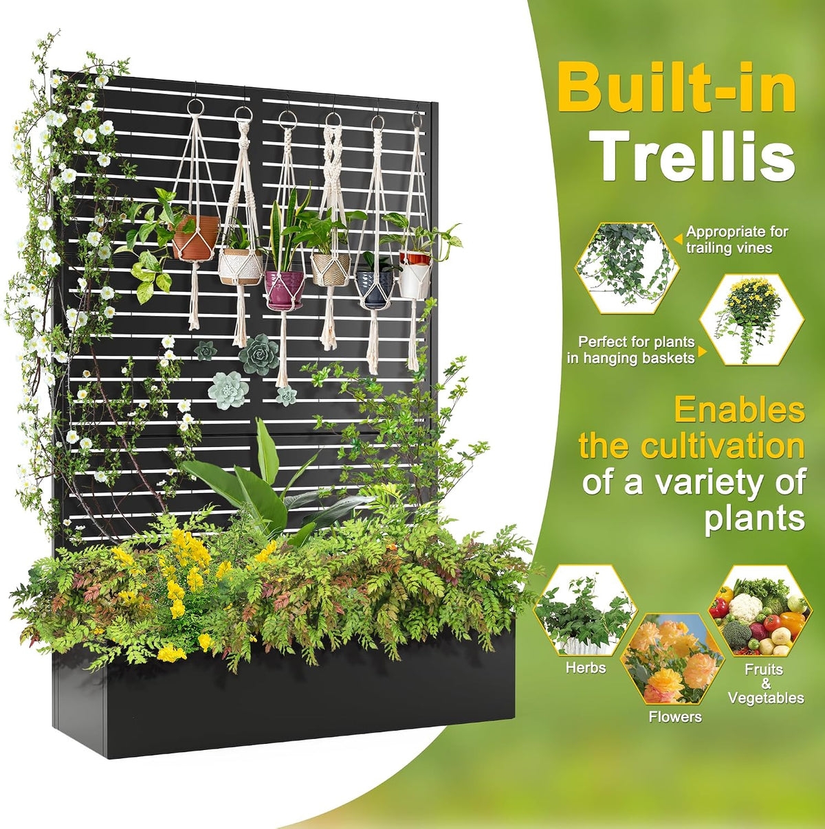 71" H Metal Planter Box with Trellis, Black Louvered