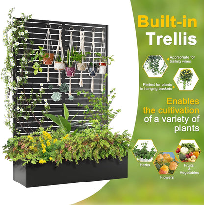 71" H Metal Planter Box with Trellis, Black Louvered