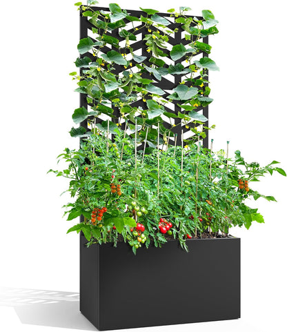 71" H Metal Planter Box with Trellis, Black Louvered