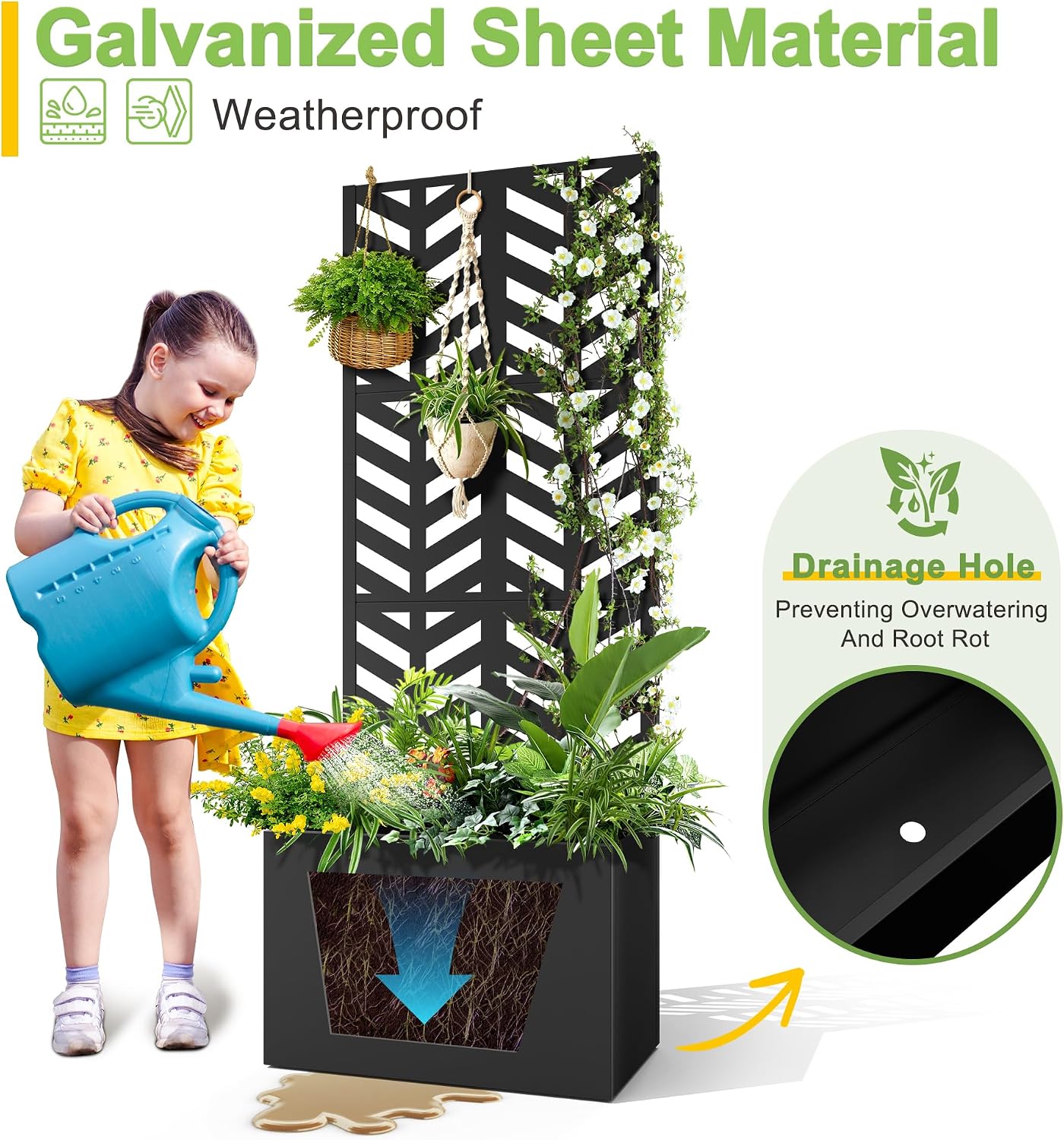 71" H Metal Planter Box with Trellis, Black Louvered