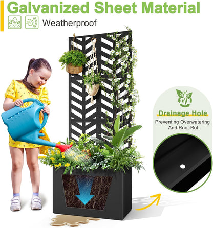 71" H Metal Planter Box with Trellis, Black Louvered