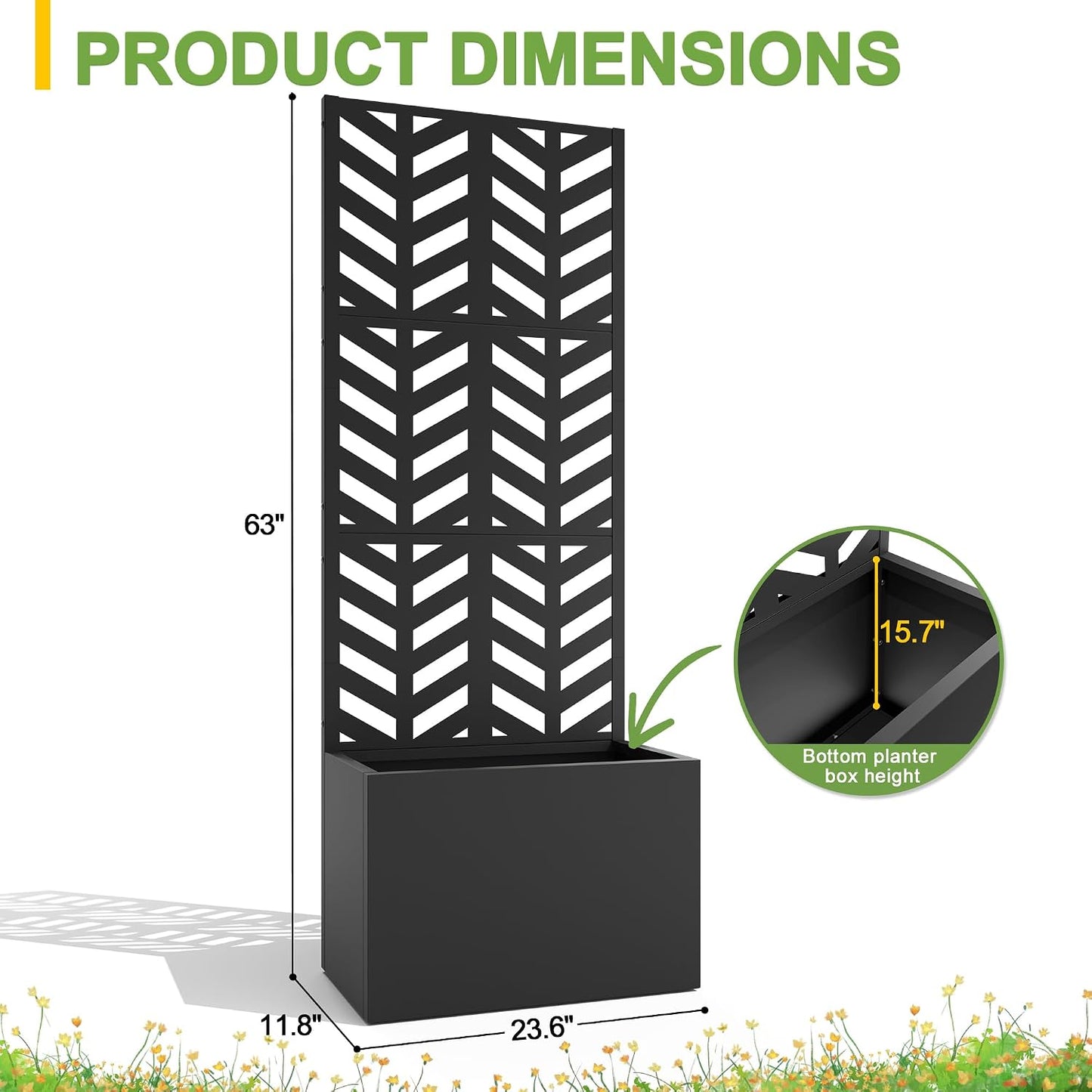 71" H Metal Planter Box with Trellis, Black Louvered