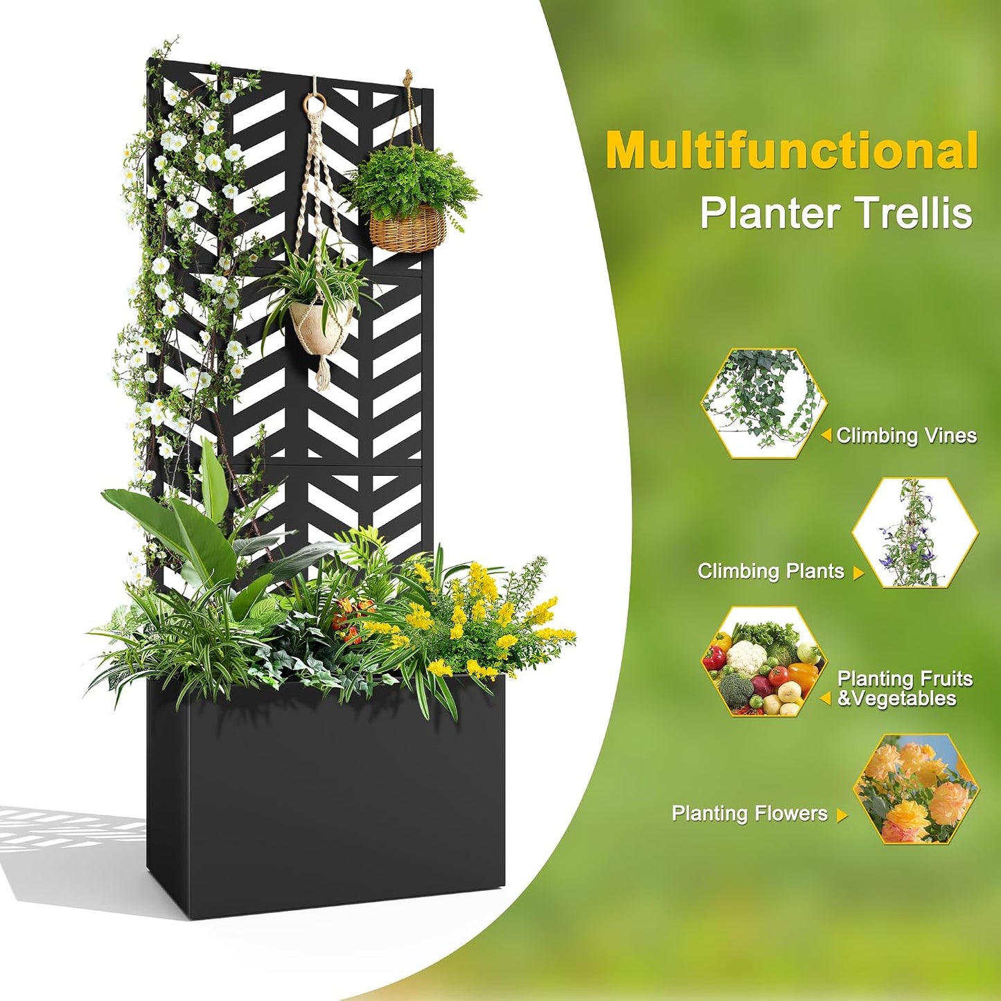 71" H Metal Planter Box with Trellis, Black Louvered