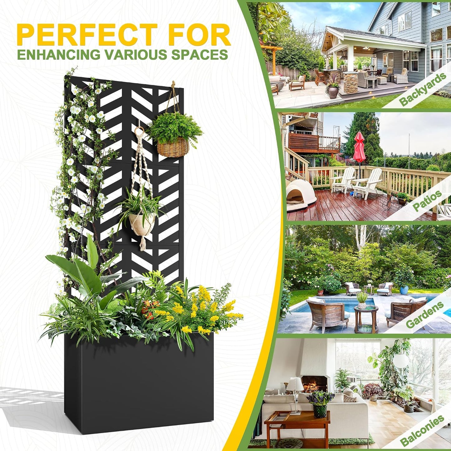 71" H Metal Planter Box with Trellis, Black Louvered