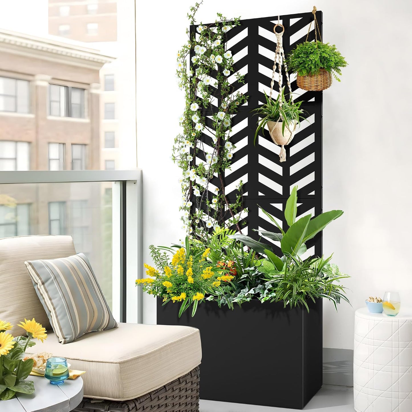 71" H Metal Planter Box with Trellis, Black Louvered