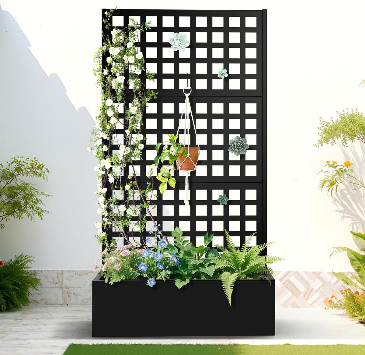 71" H Metal Planter Box with Trellis, Black Louvered