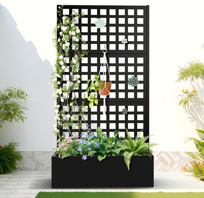 71" H Metal Planter Box with Trellis, Black Louvered
