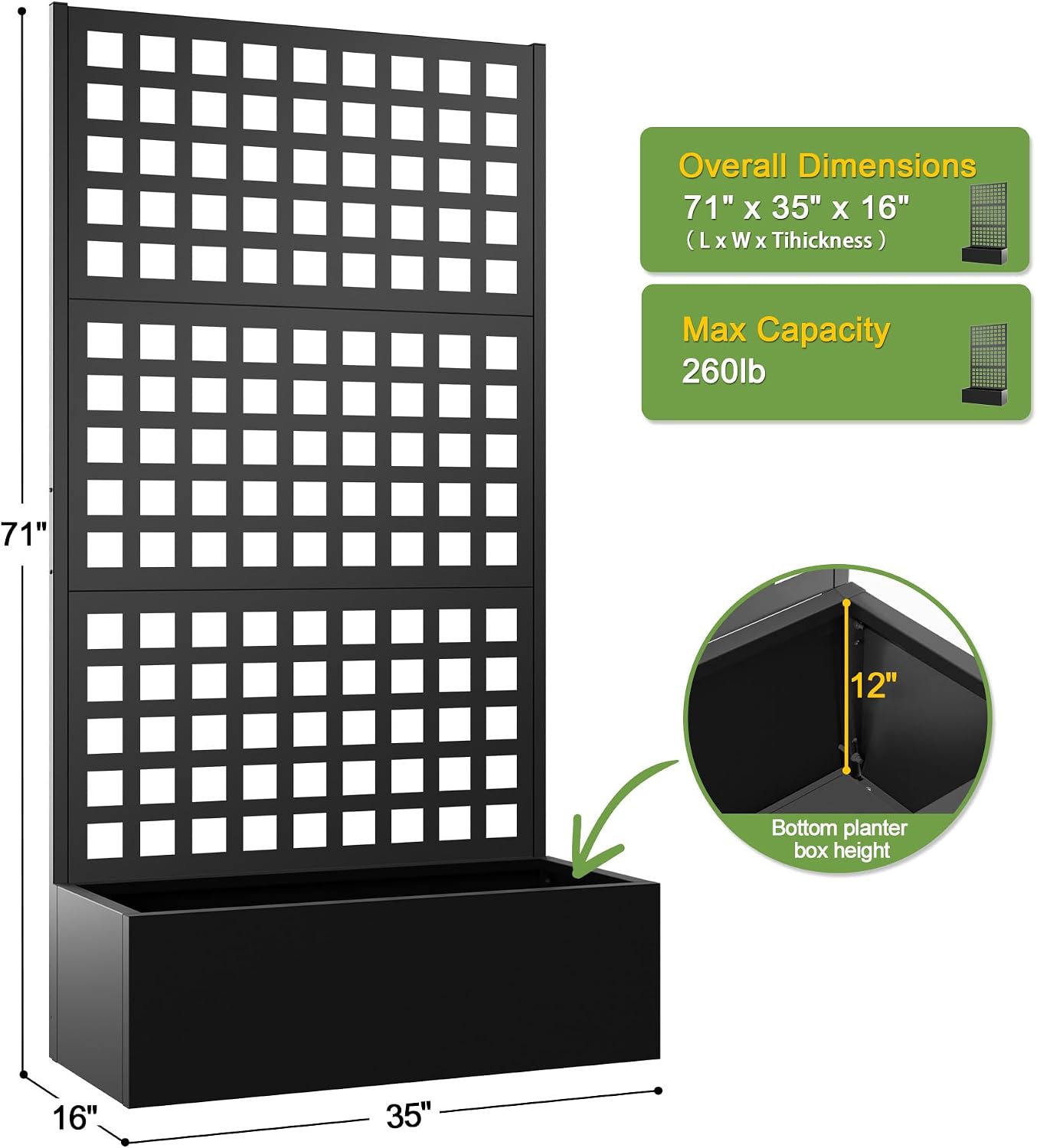 71" H Metal Planter Box with Trellis, Black Louvered