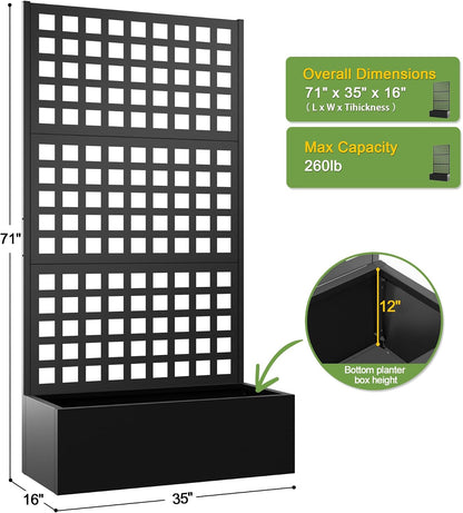 71" H Metal Planter Box with Trellis, Black Louvered