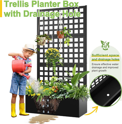 71" H Metal Planter Box with Trellis, Black Louvered