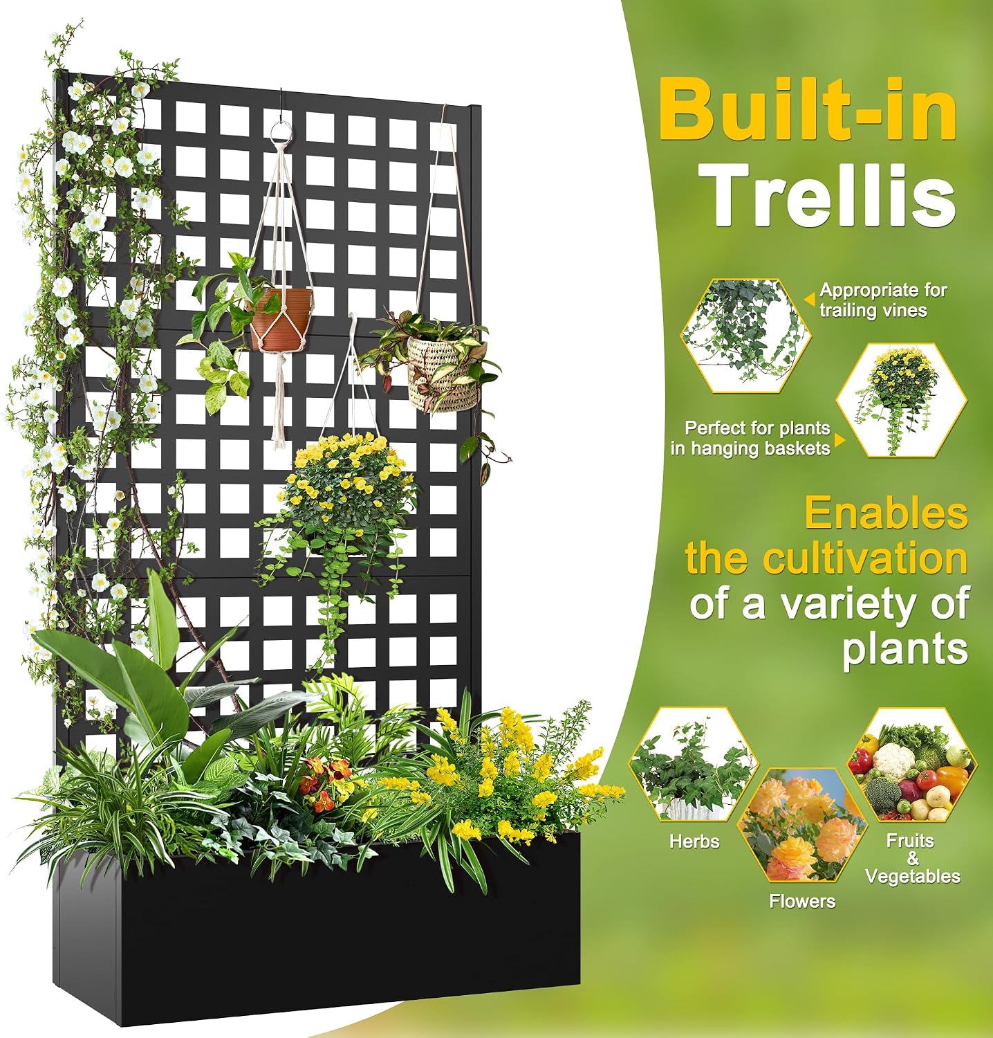 71" H Metal Planter Box with Trellis, Black Louvered