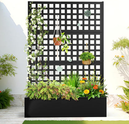 71" H Metal Planter Box with Trellis, Black Louvered