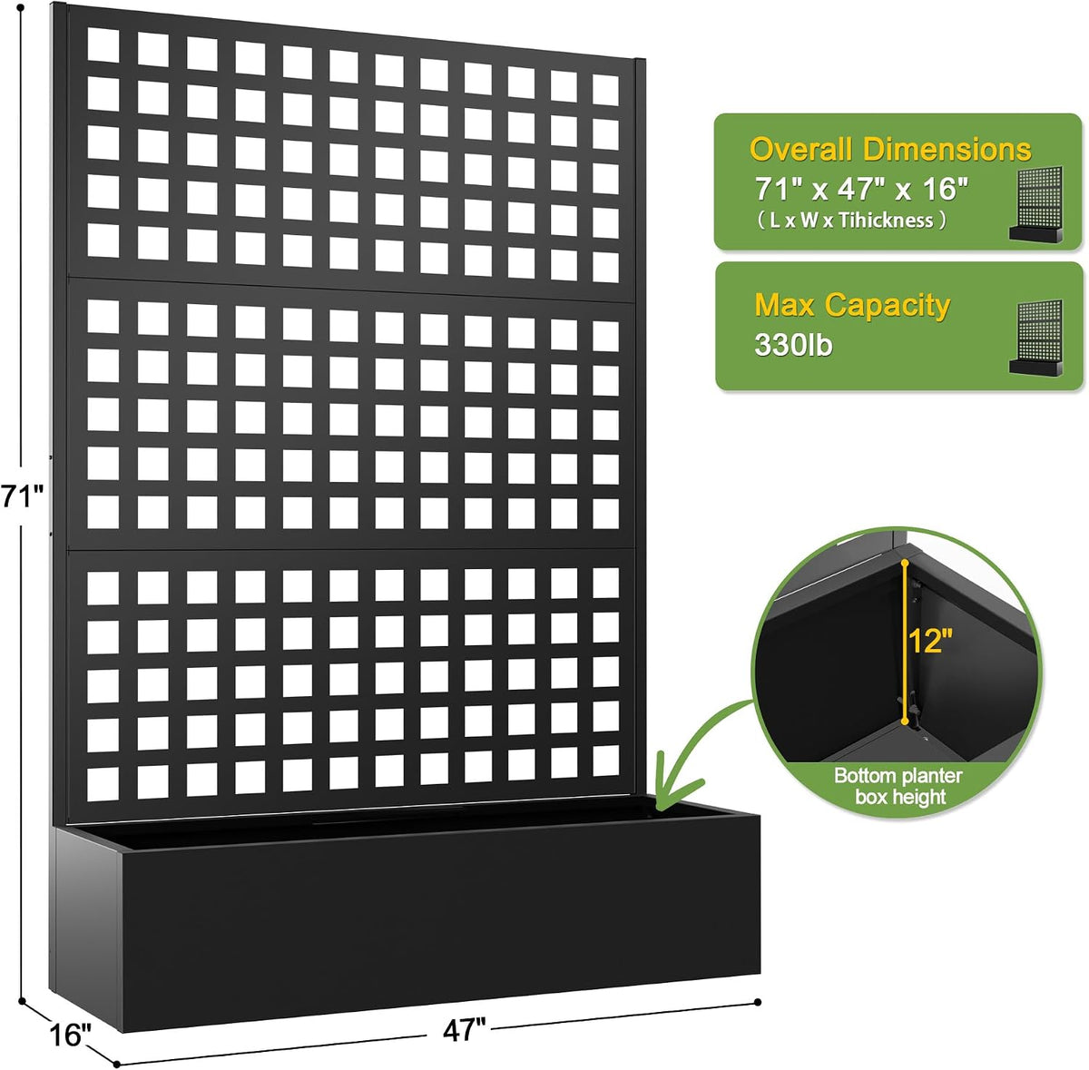 71" H Metal Planter Box with Trellis, Black Louvered
